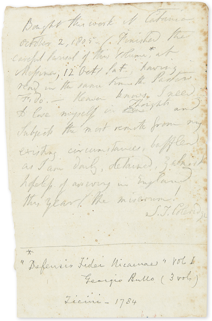COLERIDGE, SAMUEL TAYLOR. Autograph Manuscript Signed, S.T. Coleridge, in pencil, notes concerning a book, written on a leaf probably